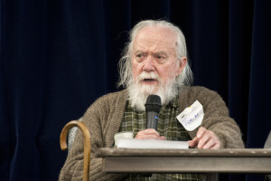 Long-time member Joe Miller, president of the Northern Virginia Photographic Society during the 2001-2002 season, discusses some of the history of the Society and provides some insides during a panel discussion during the 50th Anniversary celebration. The Dunn Loring Volunteer Fire Department, 2148 Gallows Rd, Dunn Loring, Va. 7 April 2015 - Photo by Alan Goldstein