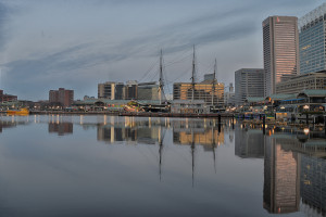Baltimore's Inner Harbor at sunrise. East Pratt Street. Baltimore, Md. 5 April 2014